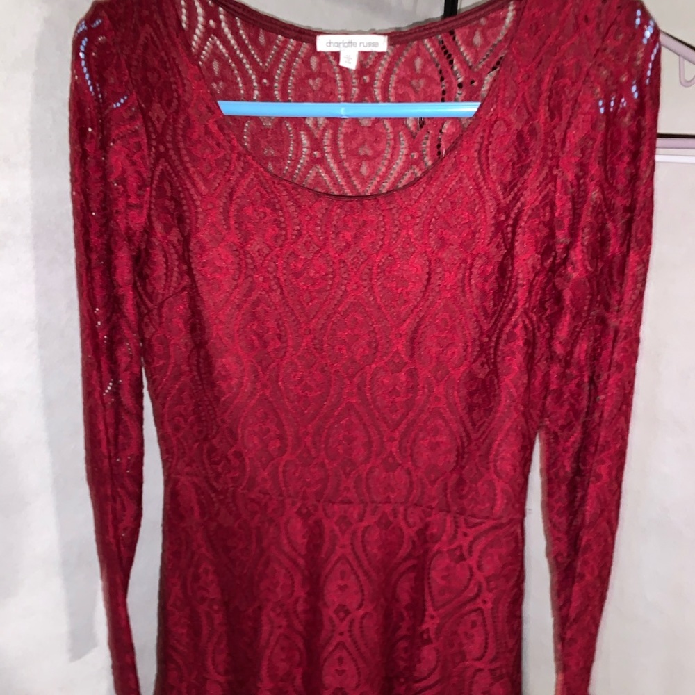 Charlotte Russe Red Lace Long Sleeve Skater Dress